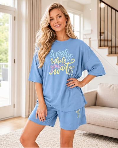 Image of 2 Piece Sets for Women Christian Tshirts Oversized Top Loose Fit Shorts with Pockets