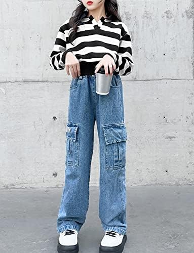 Domueay Meisjes Baggy Jeans Kinderbroek met Wijde Pijpen en Elastische Tailleband Jeansbroek Hoge Taille Bootcut Wijde Pijpen Lange Broek Tienerkleding voor 12-13 Jaar, Blauw Vlinder