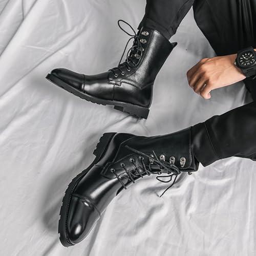 Men's Genuine Leather Patchwork Rivet Cap Toe Combat Boots Fashion Lace Up Round Toe Block Chunky Heel Mid Calf Derby Booties For Riding Hunting4