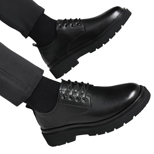 Image of Men's Vintage Leather Lace Up Platform Oxfords Shoes Black Round Toe Soft Rubber Sole Non-Slip Waterproof Business Formal Derby Dress Shoes
