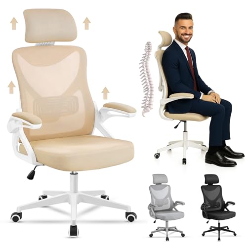 EveryKip® Silla Escritorio Ergonomica Ajustable con Reposabrazos Beige| Ruedas Anti-Arañazos | Sillas Oficina Ejecutiva con Reposacabezas | Cadeira Ergonómica Office Chair Papel (Beige)