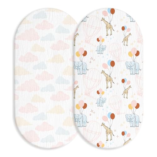 Image of Muslin Bassinet Fitted Sheets 2 Pack, Soft Breathable Cotton Baby Bassinet Mattress Sheet Set, 360 Elastic Snug Fit, Universal for Oval, Rectangle (Cute Animals, Bassinet Sheets 2 Pack)