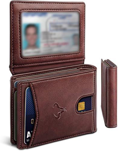 Image of Contacts Slim RFID Blocking Leather Wallet for Men - Minimalist Bifold Card Holder with 11 Slots, ID Window & Cash Pocket - Front Pocket Wallet Gift for Daily Use & Travel (Brown)