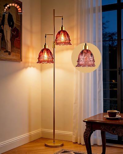 Image of Lightdot 65IN Glass Floor Lamp for Living Room, 2- Light Gold Flower Floor Lamps with Rose Red Glass Lampshade,3000K Warm White Modern Standing Tall Lamp with 5Lbs Heavy Base for Bedroom Corner