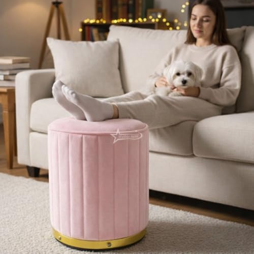 Image of Upholstered Round Linen Strip Stool Living Room Foot Rest Office Stool Pouf Ottoman Padded Seat - Pink