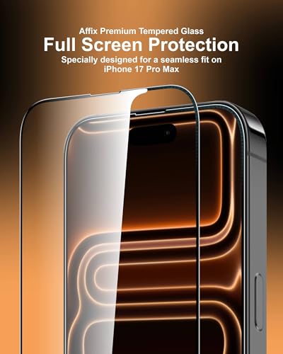 Image of Affix 2 Pack for iPhone 17 Pro Max Full Coverage Tempered Glass, Screen Protector Guard with Easy Fix Installation Tool, 9H Hardness Shatterproof, HD Clear Scratch Resistant