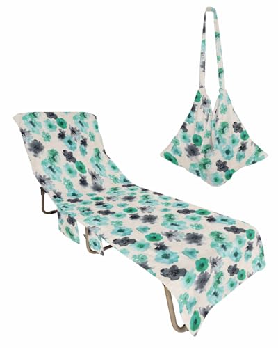 Beach Pool Patio Lounge Chaise Chair Cover Towel with Pockets,Green Painted Floral Absorbent & Quick Dry Microfiber Towel Cover Bag Summer Travel Accessories Black Abstract Modern Ink Plant