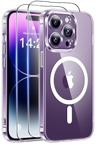 Qasyfanc Coque Magnétique pour iPhone 14 Pro Compatible avec MagSafe avec 2 Verre trempé Protection écran, Anti-Jaune Antichoc Caméra Protecteur pour iPhone 14 Pro-Transparente