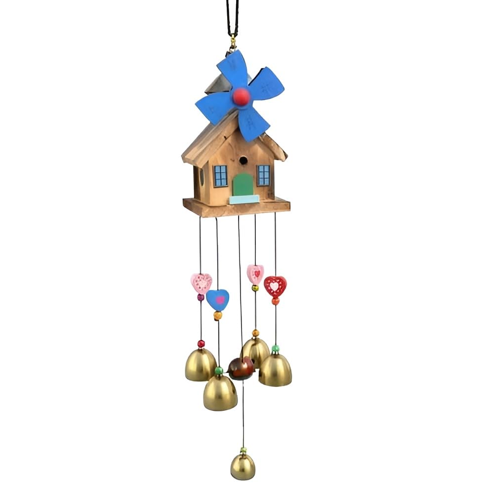 Mshine Handcrafted Wooden Windmill | Birdhouse Wind Chime | with Golden Bells & Colorful Hearts | Wall Hanging Decor for Balcony, Garden, Living Room & Door Entrance (Multicolor)-image-36