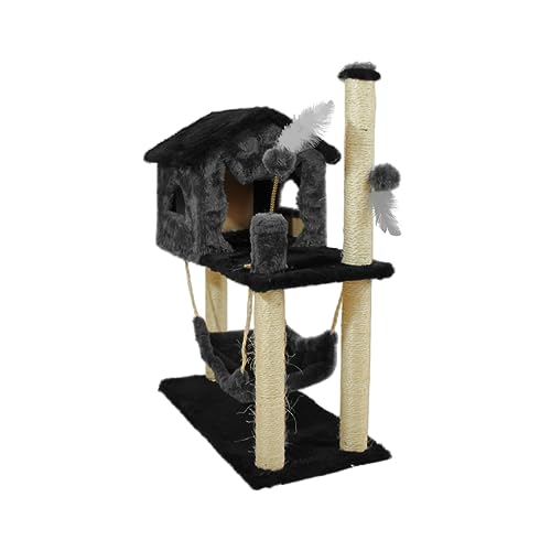 Casa Arranhador Playground Brinquedo Com Rede Poste Sisal Gato – Preto/Cinza