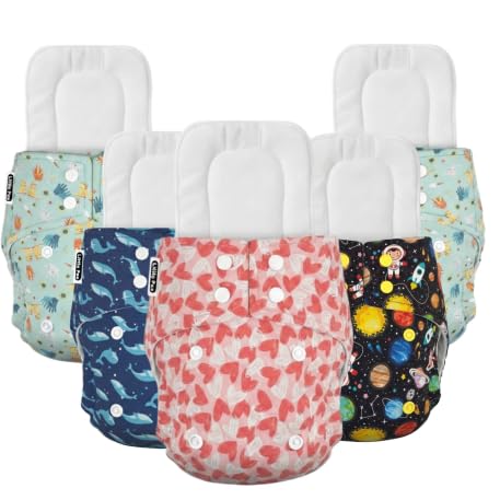 Image of Little Pea Adjustable Cloth Diaper for Babies (3 Months-3 Years) | Leak-Proof, Washable & Reusable | Includes 5 Diaper + 5 Absorbent Pad | Free Size (5-18 kg) | Pack of 5
