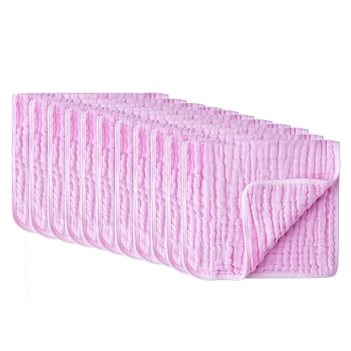 Image of Baby Muslin Burp Cloths, 11 Pack Large Size 100% Cotton - Six Layered Extra Absorbent Burp Rags, Solid Pink