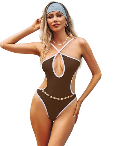 Image of HYPERFIRE Women's Sexy Criss Cross Halter Bathing Suit Cut Out Backless Monokini Swimsuits One Piece