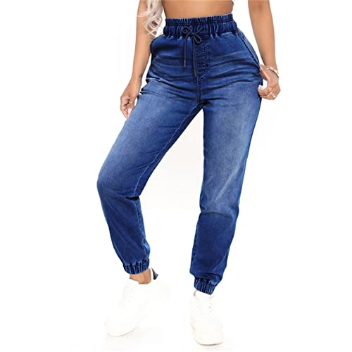 High Waisted Stretch Casual Jean Denim Joggers Drawstring Elastic Waist Stretch Loose Denim Pants Jogger Sweatpant Pant (Medium,Dark Blue)