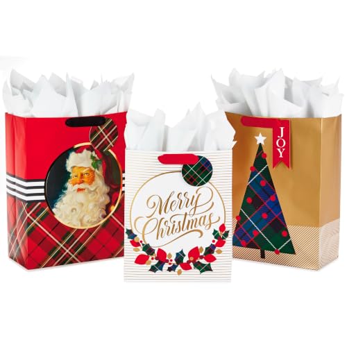Hallmark Christmas Gift Bag Assortment with Tissue Paper (Pack of 3 Gift Bags: 1 Large 13", 2 Extra Large 15") Gold, Plaid, Santa
