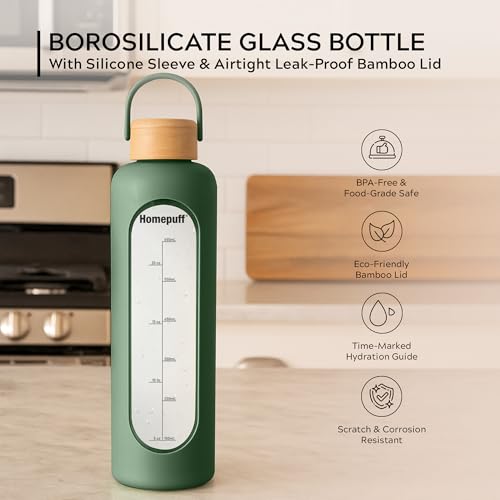 Image of Home Puff Borosilicate Glass Water Bottle With Silicone Cover Sleeve (1000Ml) | Airtight, Leak-Proof Bamboo Lid, BPA-Free, Eco-Friendly, Reusable Bottle For Fridge, Gym, Travel, Office, Home (Green)