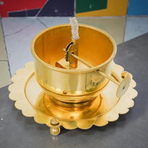 Image of Sanvatsar Traditional Brass Incense Burner, Gold, Decorative Dome Design with Lattice Pattern, Smoke Diffuser for Home (Brass Akhand Jyot Diya)