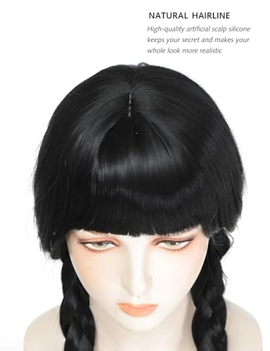 Image of Rose bud Wednesday Addams Cosplay Wig Long Hair Heat Resistant Adjustable Fit 23 Inches Double Braided Black Wigs With Bangs for Halloween Cosplay