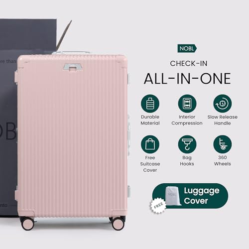 Image of Nobl Travel Zipperless Check In Suitcase - Aluminum Frame, Check In luggage 30.2x20x12 Airline Approved by Noble Travel - Unbreakable Polycarbonate Shell - Dual TSA Locks, 360 Spinner Wheels - Blush
