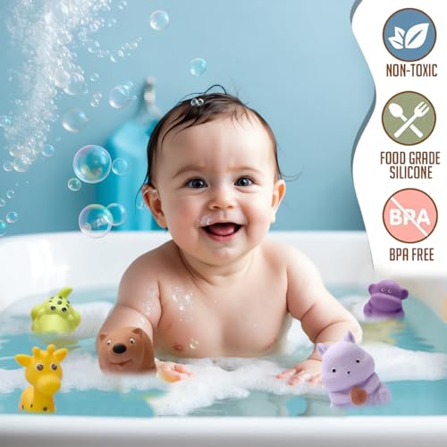 Image of Amazon Brand - Jam & Honey Baby Bath Toy Set of 10 for Toddlers I Colorful Combo of Jungle Animals I Floating Bath Chuchu Toys (Multicolor)