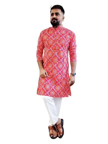 AKS CreationsRed Bandhni Printed Men Cotton Kurta Traditional Indian Festival Occasion Wear Gents Tie and Dye Classy