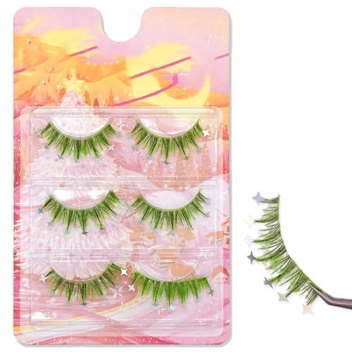 3 Pairs Christmas Green Lashes Fluffy Colorful Lash Clusters Dramatic Long Thick Fox Lashes Full Curly False Eyelash Curl Salon Extensions Strip for Holiday Party Dress up