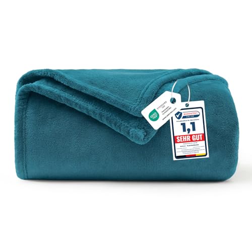 WAVVE Plaid Polaire Flanelle en Microfibre, Jeté de Canapé 130x150 Bleu Canard, Couverture lit 1 Personne, Plaid Fourrure Petit Chaud et Doux en Peluche,...