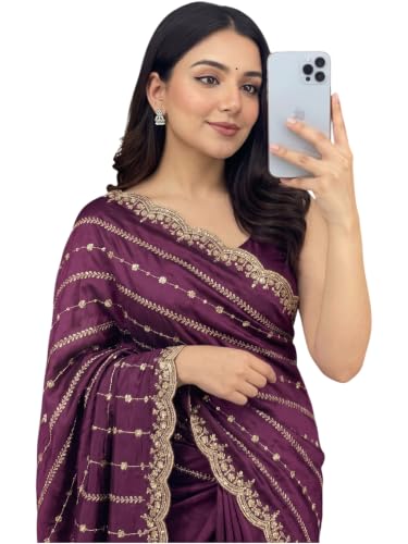 Image of RADHA Women's Embroidery Work Saree with Designer Border for Festive and Traditional Ethnic Drape Saree with Detailed Thread Style Pattern and Elegant Occasion Look