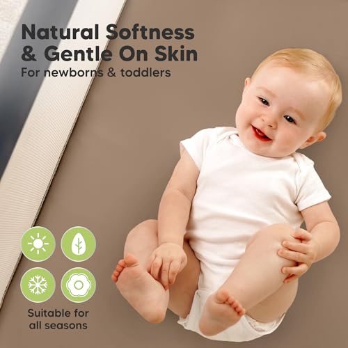 Image of 2 Pack and Play Sheets, Waterproof Mini Crib Sheets Fitted - 38x26 Organic Cotton Pack N Play Sheets for Graco Pack and Play Mattress, Playard Baby Crib Sheets, Neutral for Boy, Girl, Toddler (Latte)