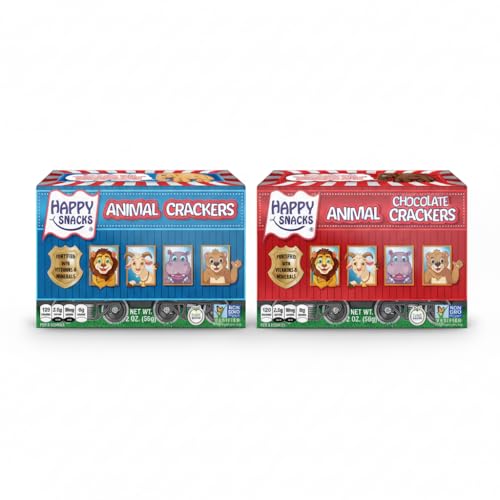 Happy Snacks Animal Crackers - Plant Based Ingredients, Animal Crackers Snack Packs, Nut & Peanut Free, Fortified with Essential Vitamins & Minerals, No Artificial Ingredients - Variety Pack (Vanilla & Chocolate), 2 Oz Boxes (Pack of 12)