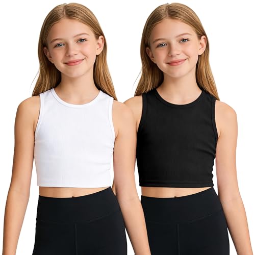 Image of Auranso Girls Tank Tops 2 Pack Ribbed Knit Sleeveless Crop Tops for Kids