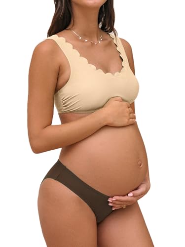 CUPSHE Bikini premaman da donna, costume da bagno per gravidanza, vita bassa, smerlato, scollo rotondo, cinghie regolabili, gancio posteriore, beige/marrone, S