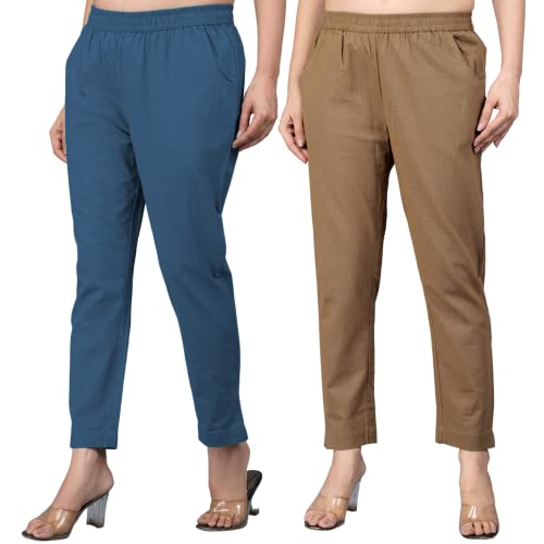 Image of Regular Fit Fully Elastic Waist Ankle Length Premium Cotton Casual Trouser Pant (Combo Pack of 2)