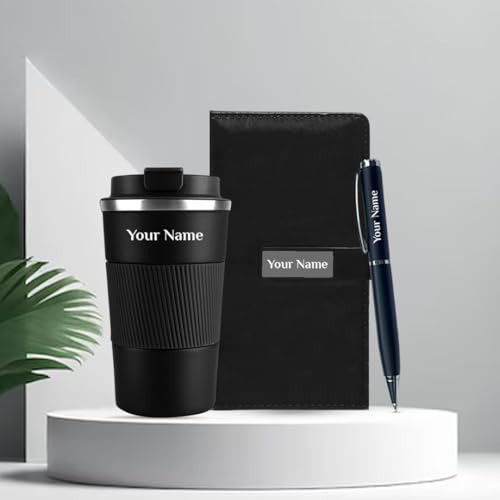 Image of Giftana Personalized Diary with Pen, Coffee Tumbler 510ml with Name, 3 in 1 Customized Diary, Pen, Tumbler, Personalised Gifts for Husband, Corporate Gifts for Employee (Black)