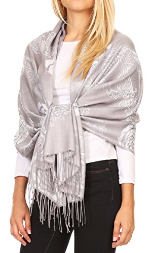 Sakkas Tessa Reversible Rose Brocade Warm Soft Scarf Wrap Stole with Fringe4