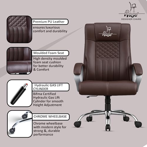 Image of ROSE Iran | 3-Year Brand Warranty | Comfortable High Back Chair | Adjustable Boss Chair for Home Office, Swivel Revolving Professional Executive (Brown, Leatherette HB)