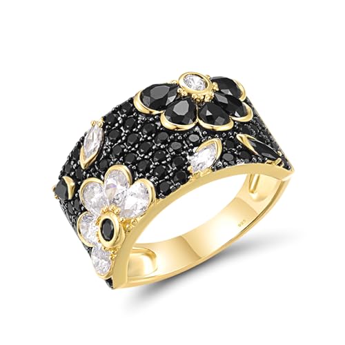 Santuzza Sterling Silver Black & White Orchid Ring Black Spinel Cubic Zirconia Gold Plated Flower Band Ring for Women (10)