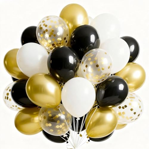 Image of PartyWoo Black and Gold Balloons 66pcs 12 Inch Matte Black White Metallic Chrome Gold Confetti Balloons for Graduation Baby Shower Birthday New Year's Eve Anniversary Bachelorette Party Decorations