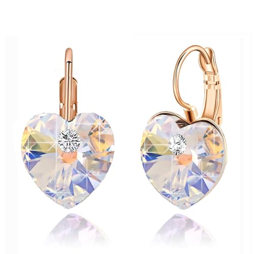 Austrian Crystal Heart Drop Leverback Earrings for Women 14K Rose Gold Plated Hypoallergenic Jewelry