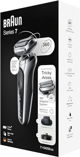 Braun Series 7 Afeitadora Eléctrica Hombre, Máquina de Afeitar Barba con Accesorio de Recortadora de Precisión, Base de Carga, uso en Seco y en Mojado, Recargable, Inalámbrica, 71-S4200cs, Plata