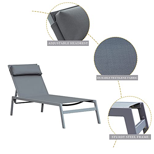 3 Pieces Patio Chaise Lounge Set (2021 New) - Adjustable Steel Textilene Chaise Lounge Set Outdoor Lounge Chair Set Sunbathing Recliner with Headrest and Coffee Table by domi outdoor living, Gray