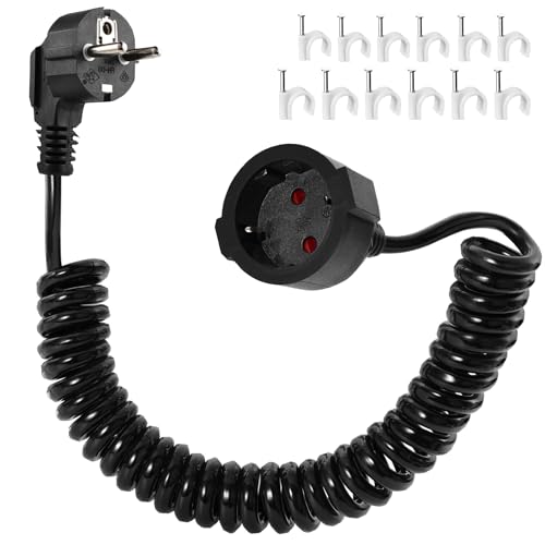Verl&auml;ngerungskabel Spiralkabel, 2m Schutzkontakt Spiralverl&auml;ngerung 0,6 m auf 2m dehnbares Spiral Kabel Stecker Verl&auml;ngerung Kurz mit Kupplung 230V/16 A f&uuml;r Zuhause, B&uuml;ro, Au&szlig;enbereich, Schwarz