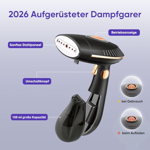 Pureluma Steamer Dampfglätter - 1500W Steamer, 168ml Wassertank Dampfglätter, Faltenentferner für Kleidung & Clothing, 30s Schnellaufheizung, Bügeleisen 2-in-1 Steamer für Reise & Urlaub