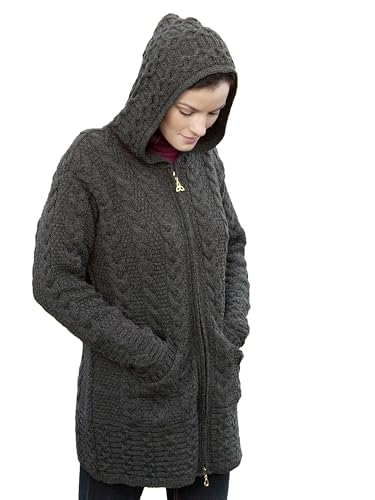 Aran Crafts Women's Irish Cable Knitted Wool Hooded Zip Coat (HD4025-LARGE-CHAR) Charcoal