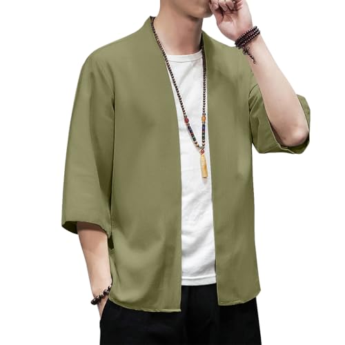 Image of PRIJOUHE Men's Kimono Jackets Cardigan Lightweight Casual Cotton Blends Linen Seven Sleeves Open Front Coat Outwear