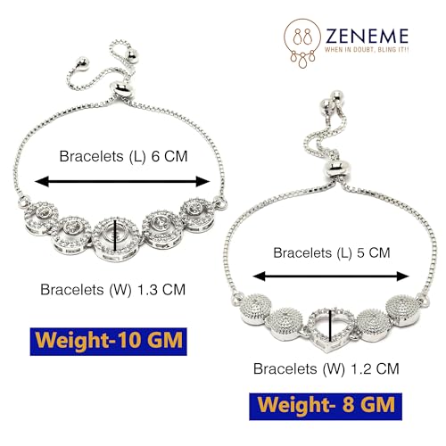 Image of ZENEME Set of 2 Rhodium-Plated Silver Toned American Diamond Bracelet Combo for Women & Girls Adjustable Designer CZ Tennis Bracelets