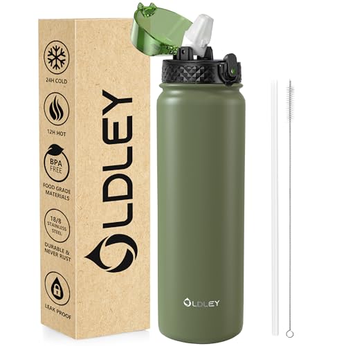 OLDLEY Botella de Agua Acero Inoxidable con Pajita 1L Aislada por Vacío Botellas Agua Metálicas de 1 Litro a Prueba Fugas Mantiene las Bebidas Calientes Frías para Mujeres Hombres(Verde Oliva, 1 Tapa)