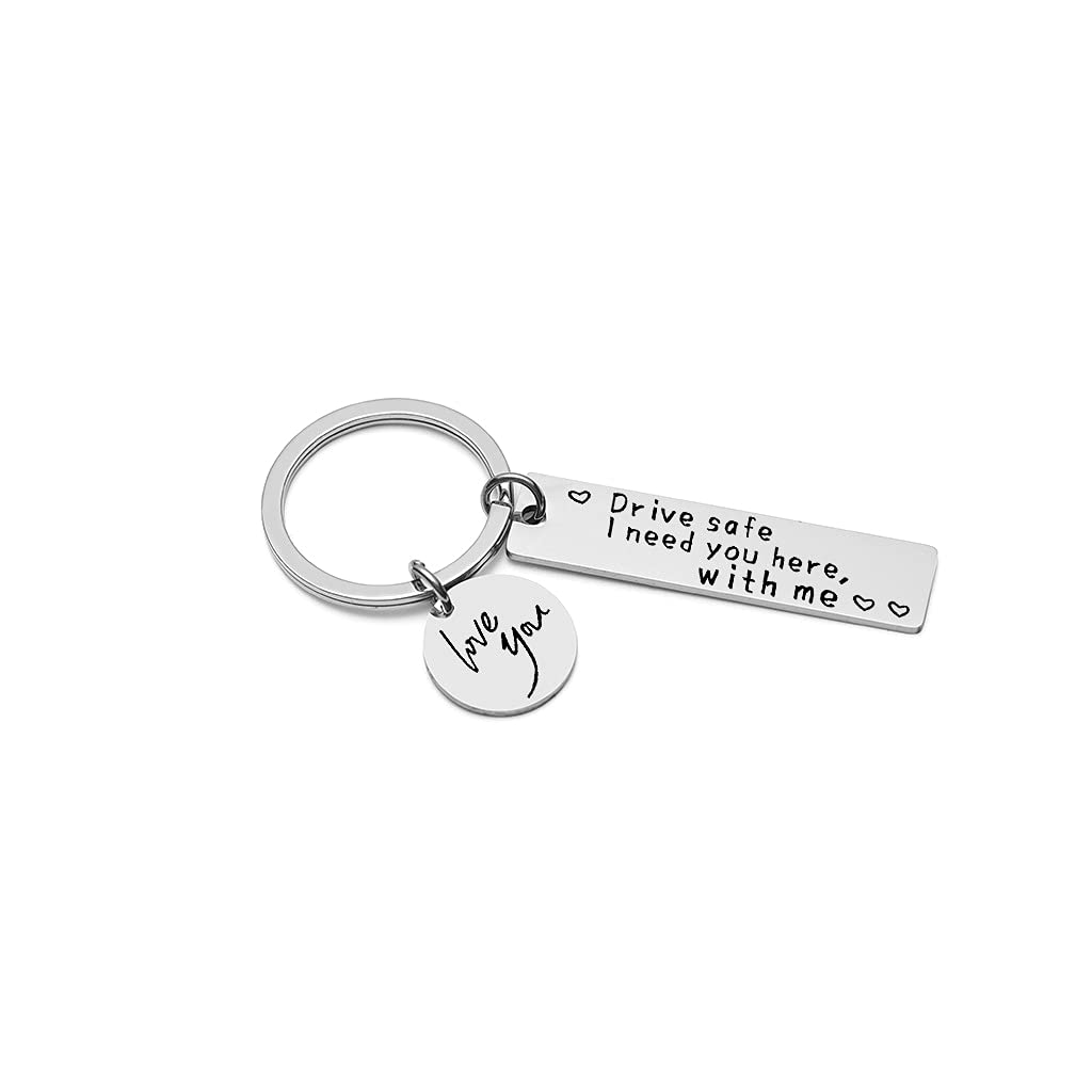 Zkydhbd Unisex Silver Boyfriend Driving Keychain-Drives Safe I Need You Here With Mes Keyring Accessory Boyfriend Husband Secure Chain Rings Women