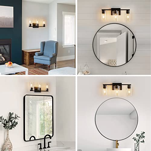 Image of WILON Vanity Light Bathroom, 3 Light Black Light Fixtures, Modern Vanity Light with Clear Glass Shade, E26 Base Lights Over Mirror, Vanity Lights for Bathroom Kitchen