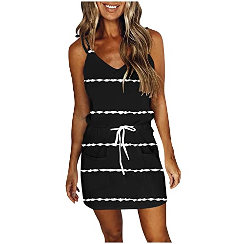 Women's Fashion Casual V-Neck Sleeveless Strap Open Back Sexy Print Dress